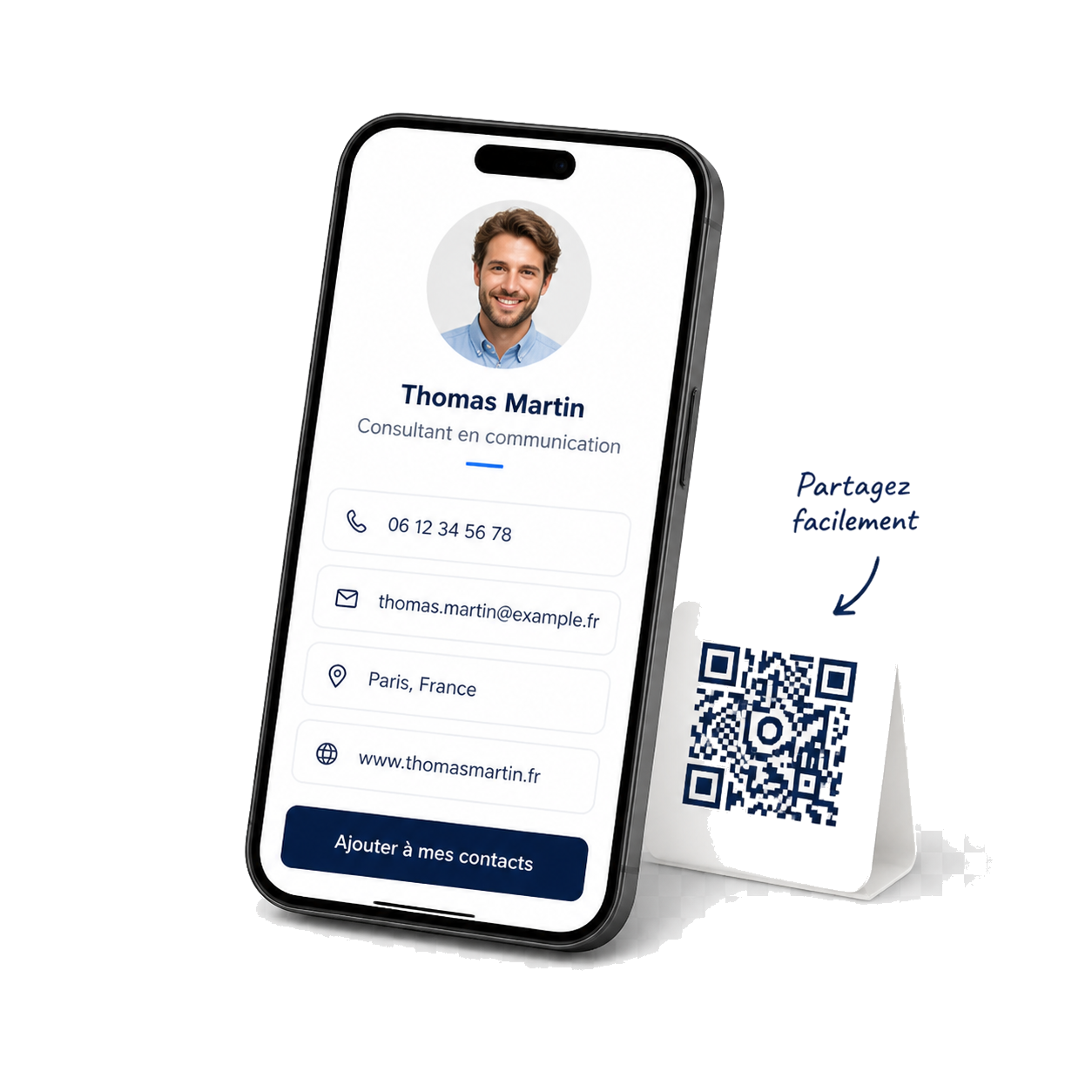 Aperçu d'une carte de visite digitale Criptalis sur smartphone, accompagnée de son QR code